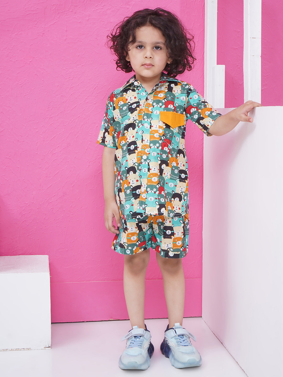 Boys Printed Short Set - Cyan & Orange