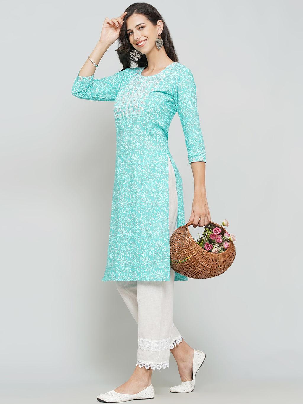 A-Line Kurti Pant Set - Cyan