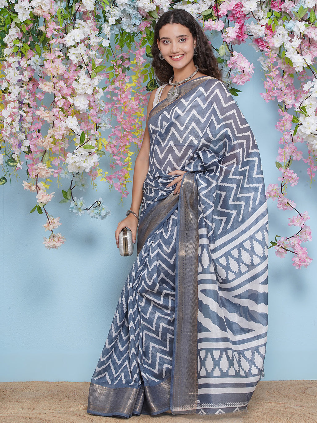 Cotton Silk Chevron Pattern Saree - Pastel Blue