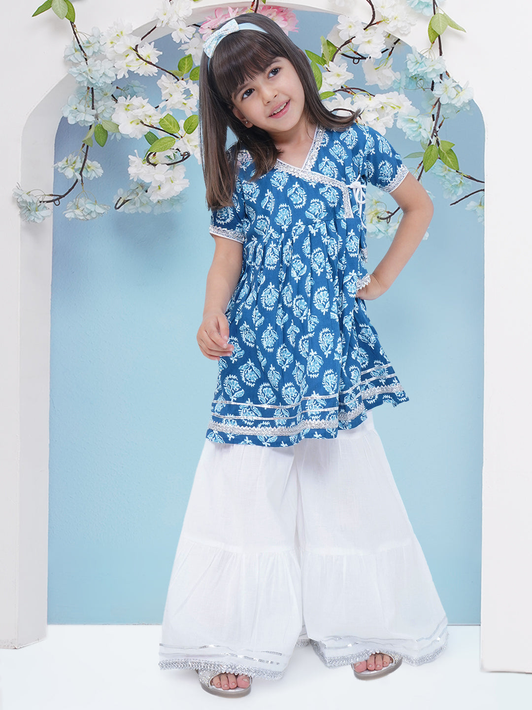 Girls Block Printed Gota Patti Cotton Angrakha Kurti with Sharara - Blue & White