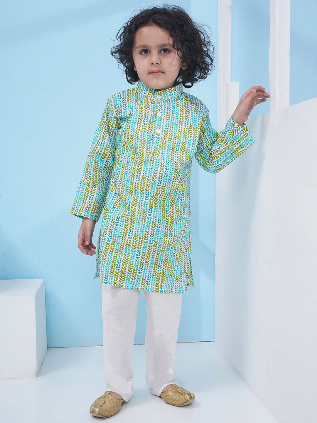 Boys Floral Printed Cotton Kurta with Pajama - Green & Aqua Blue