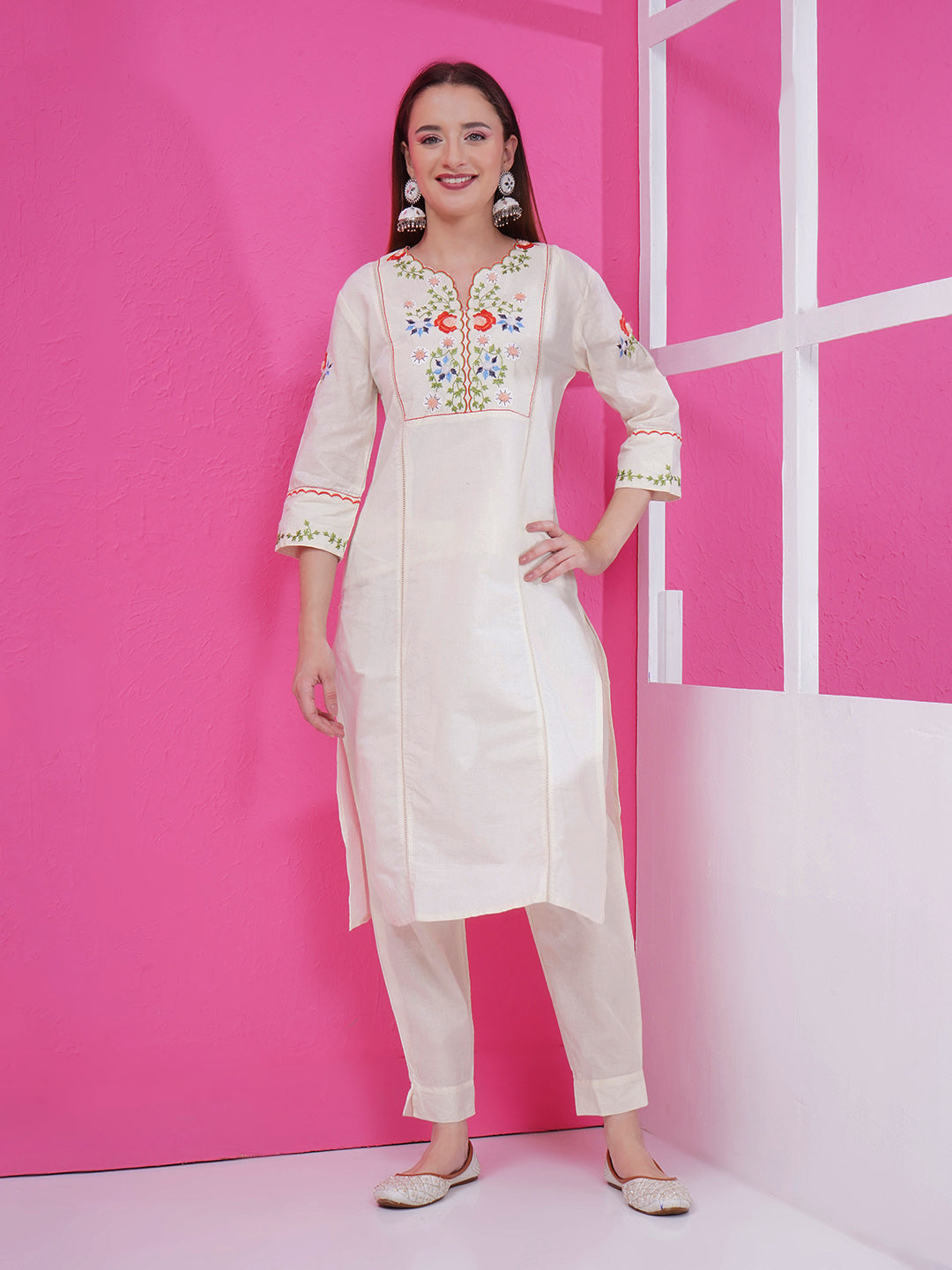 Embroidery Khadi Kurti & Pant Set - Cream