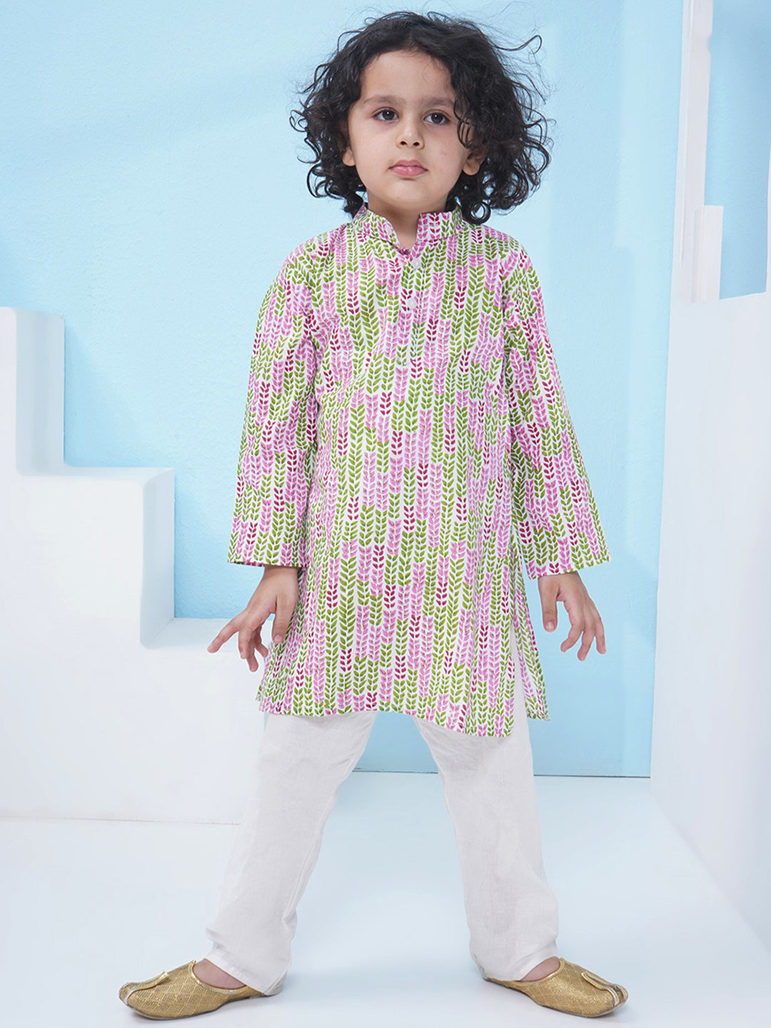 Boys Floral Printed Cotton Kurta with Pajama - Green & Pink