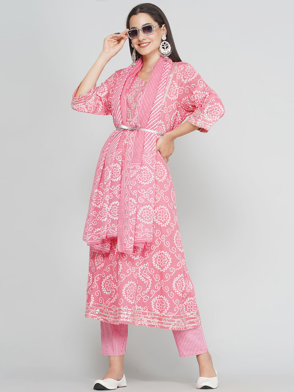 Gota Patti Bandhani Print Suit Set - Baby Pink