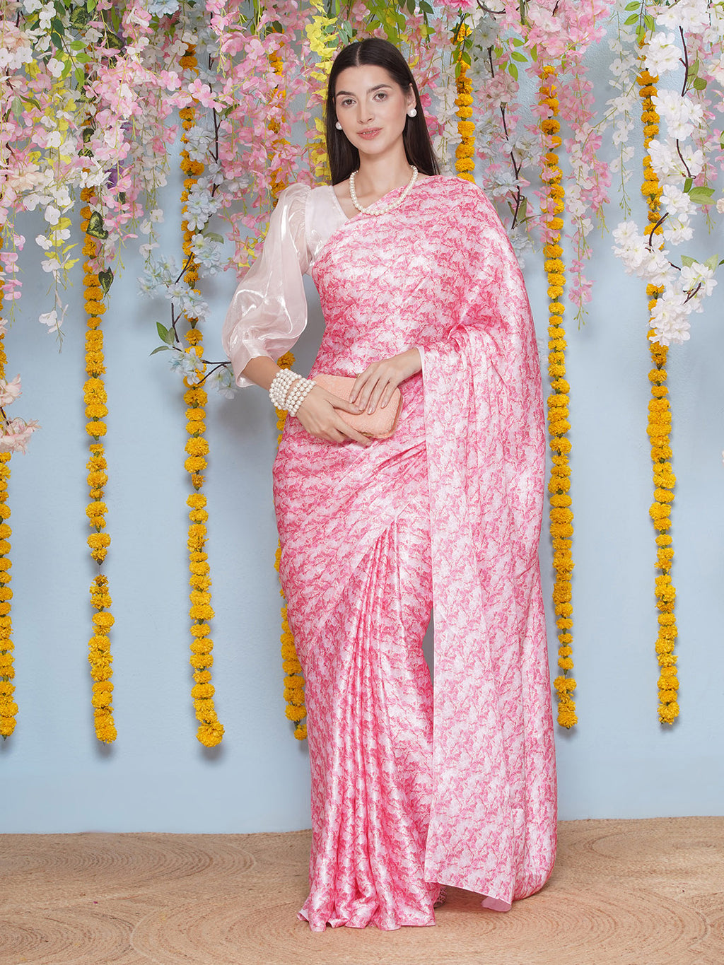 Floral Print Satin Silk Saree - Light Pink