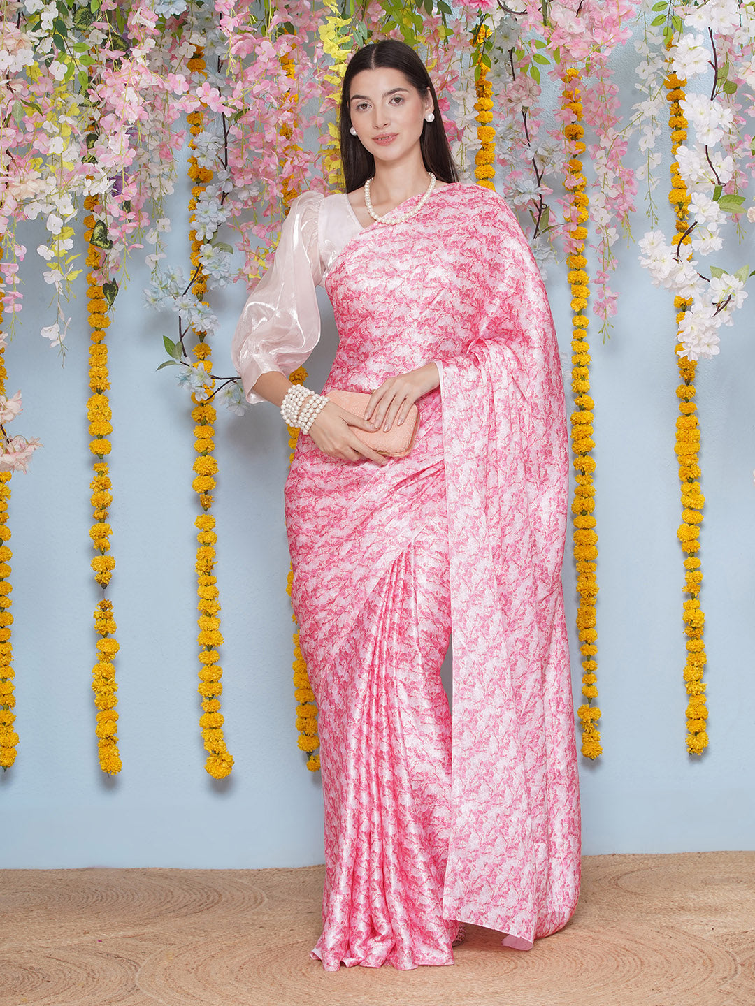Floral Print Satin Silk Saree - Light Pink