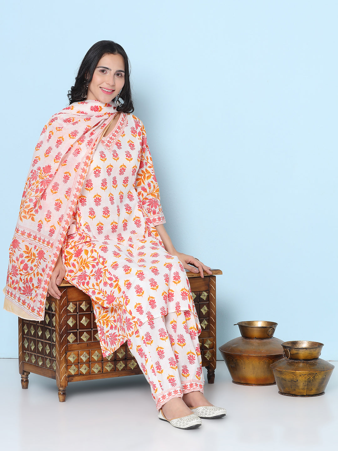 Printed Motif Kurti with Afghani Pant & Dupatta - Orange