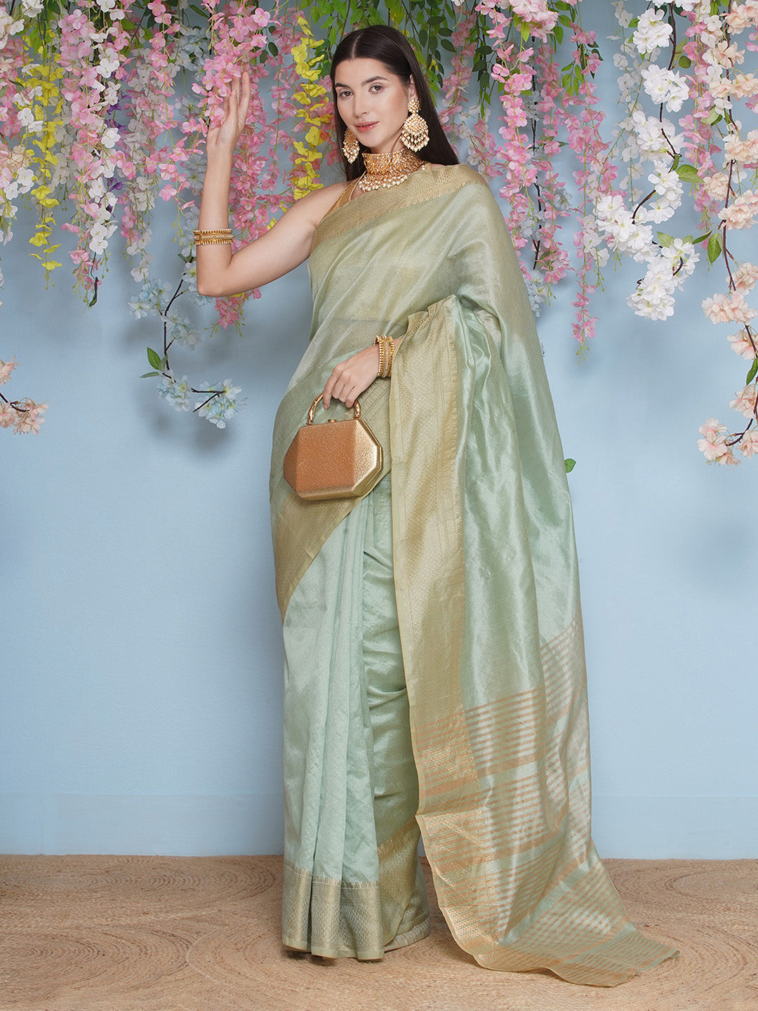 Tussar Silk Saree with Golden Zari Work - Mint Green