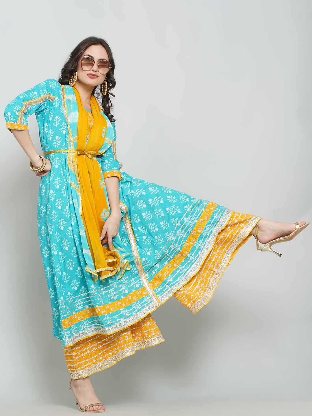 Gota Patti Sharara Suit Set - Cyan & Yellow
