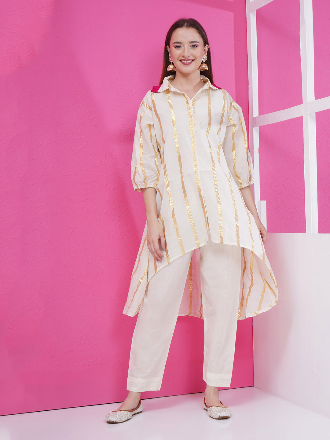 Asymmetrical Golden Stripes Kurti & Pant Set - Cream