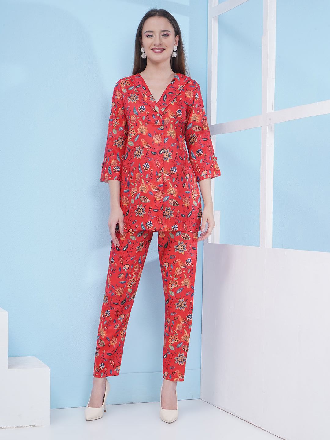 Muslin Floral Print Co-Ord Set - Red