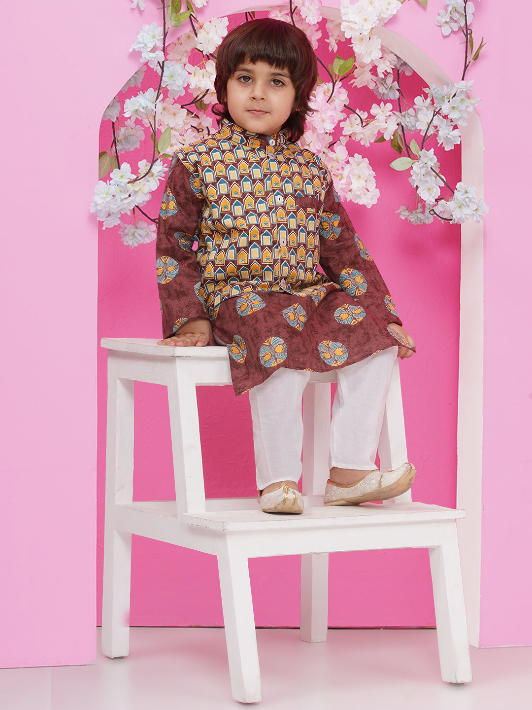 Boys Ajrakh Bundi Cotton Kurta Pajama with Jacket - Brown