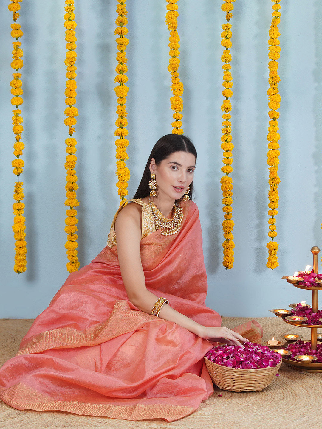 Tussar Silk Saree with Golden Zari Work - Peach