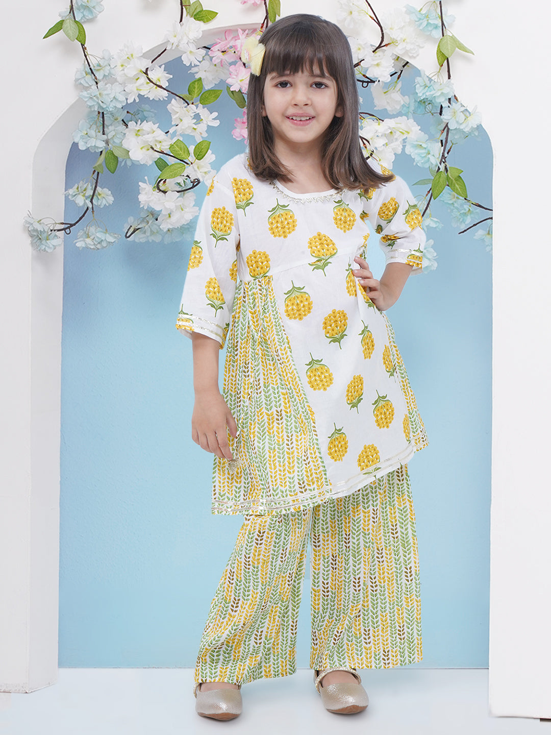 Girls Floral Printed Cotton A-line Kurti With Palazzo - Yellow