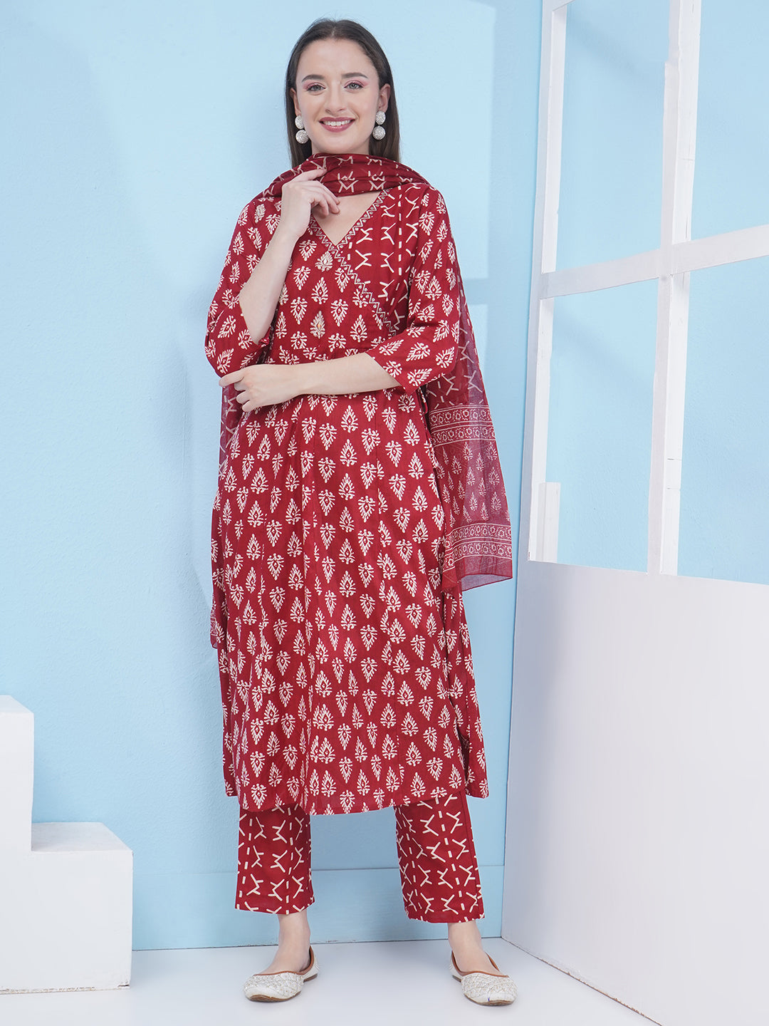 Angrakha Pattern Suit Set - Maroon