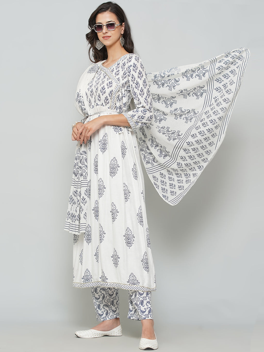 Angrakha Design Printed Suit Set - White & Navy Blue