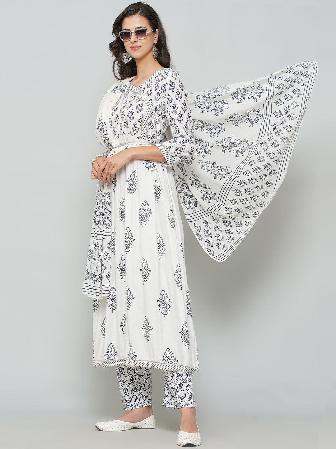 Angrakha Design Printed Suit Set - White & Navy Blue