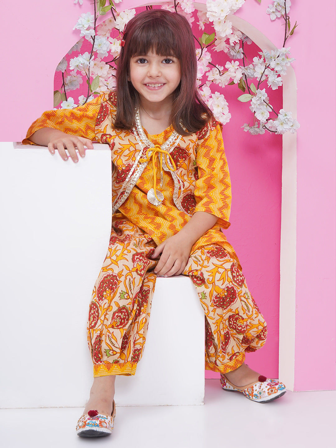 Girls Floral Gota patti Suit - Mustard Yellow