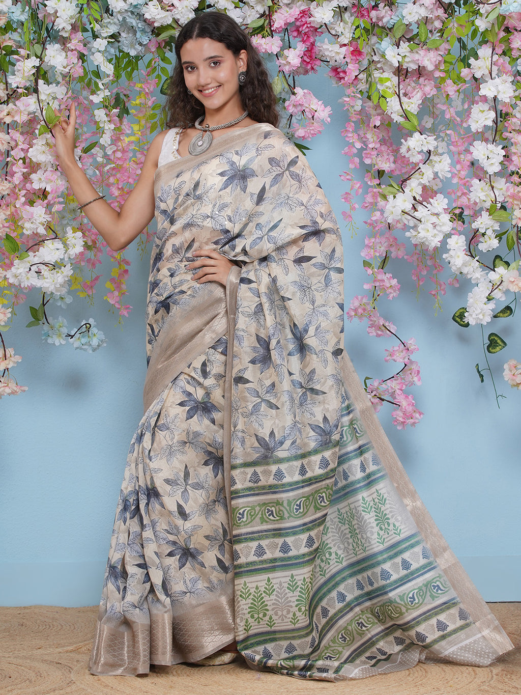 Cotton Silk Jacobean Pattern Saree - Metallic Grey