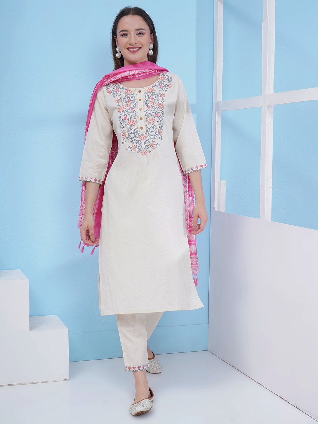 Embroidery Khadi Suit Set - Cream & Pink