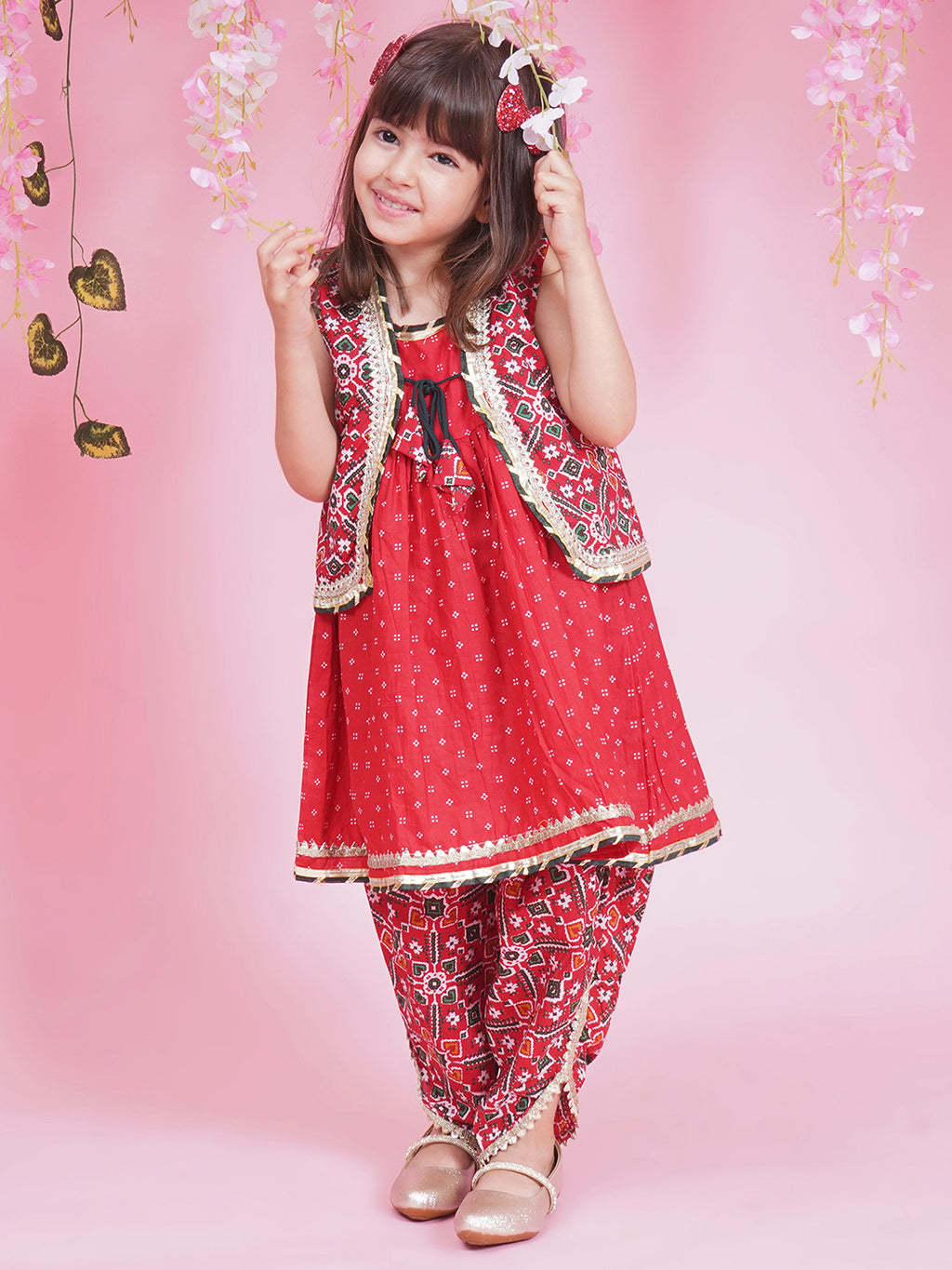 Girls Patola Print Gotta Patti Cotton Kurti with Dhoti Pant - Red