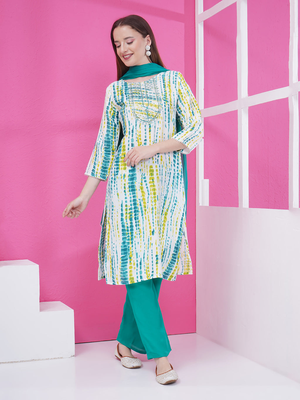Printed Suit Set - White & Turquoise