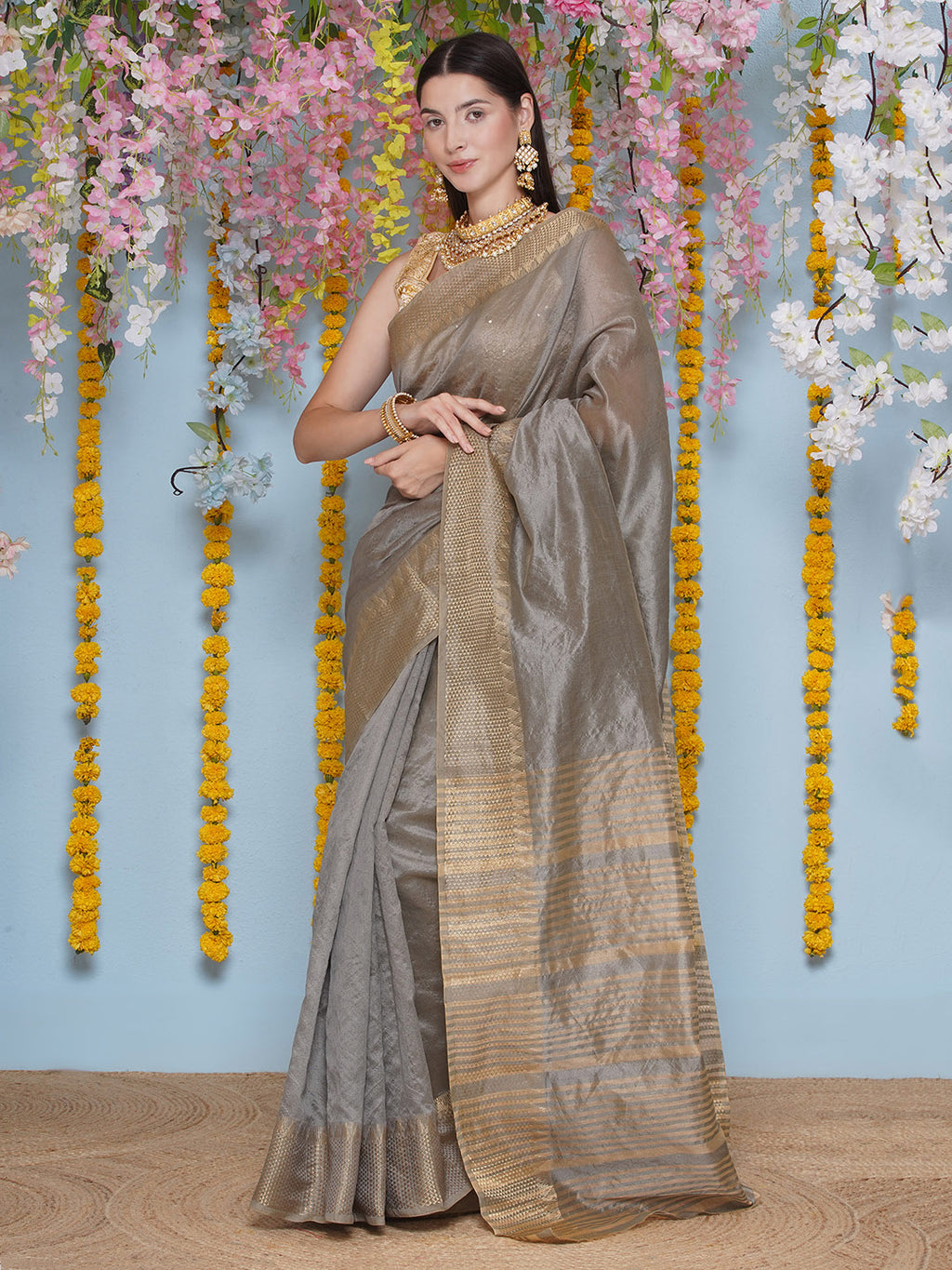 Tussar Silk Saree with Golden Zari Work - Grey