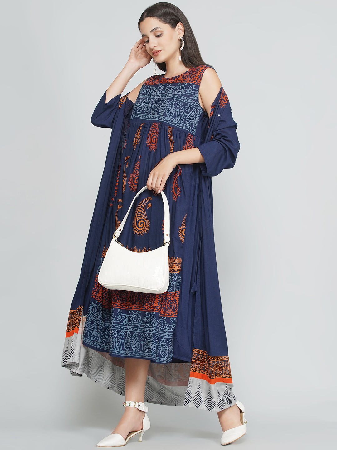 Paisley Print Dress with Shrug - Indigo