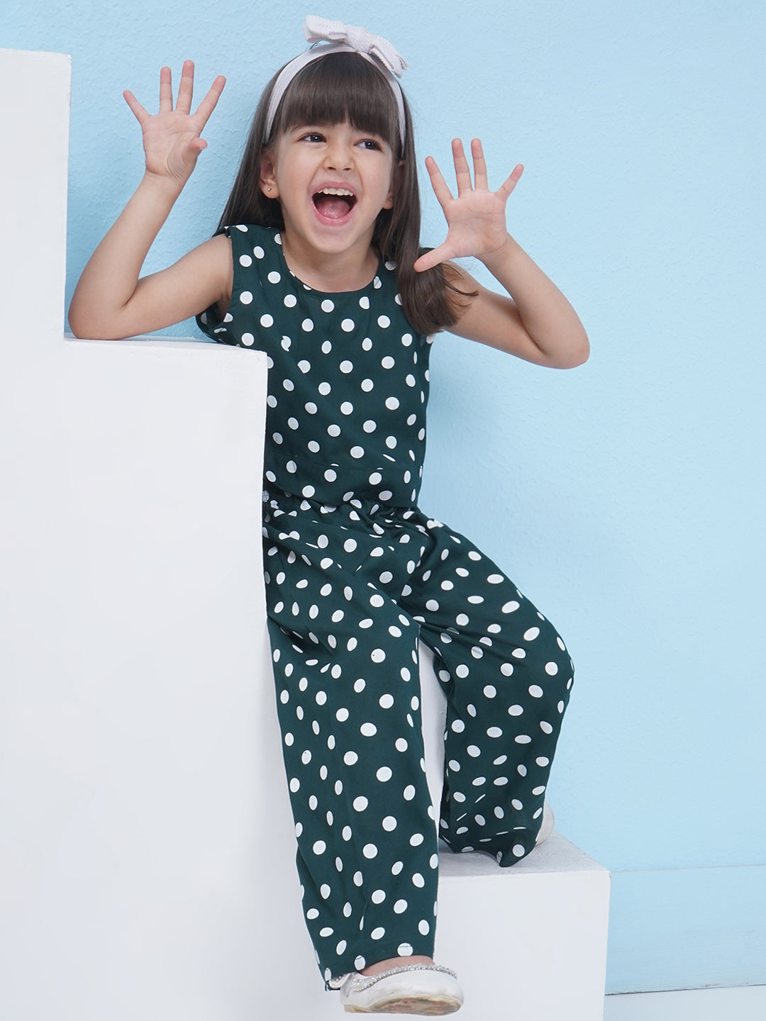 Girls Cotton Blend Polka Dot Co-Ord Set - Dark Green