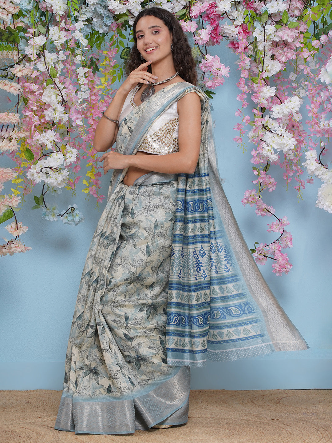 Cotton Silk Jacobean Pattern Saree - Pastel Blue