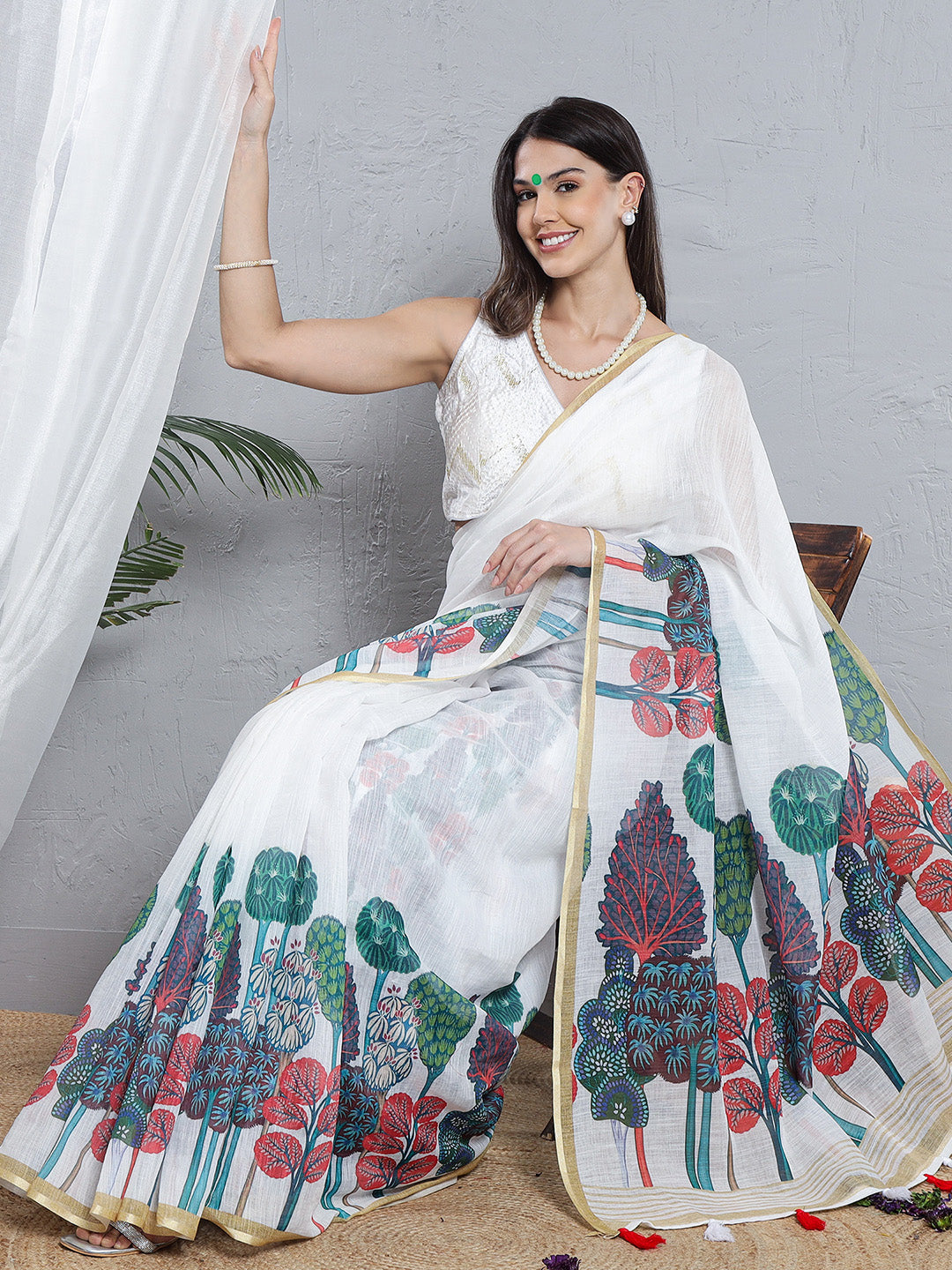 Printed Soft Linen Saree - Blue