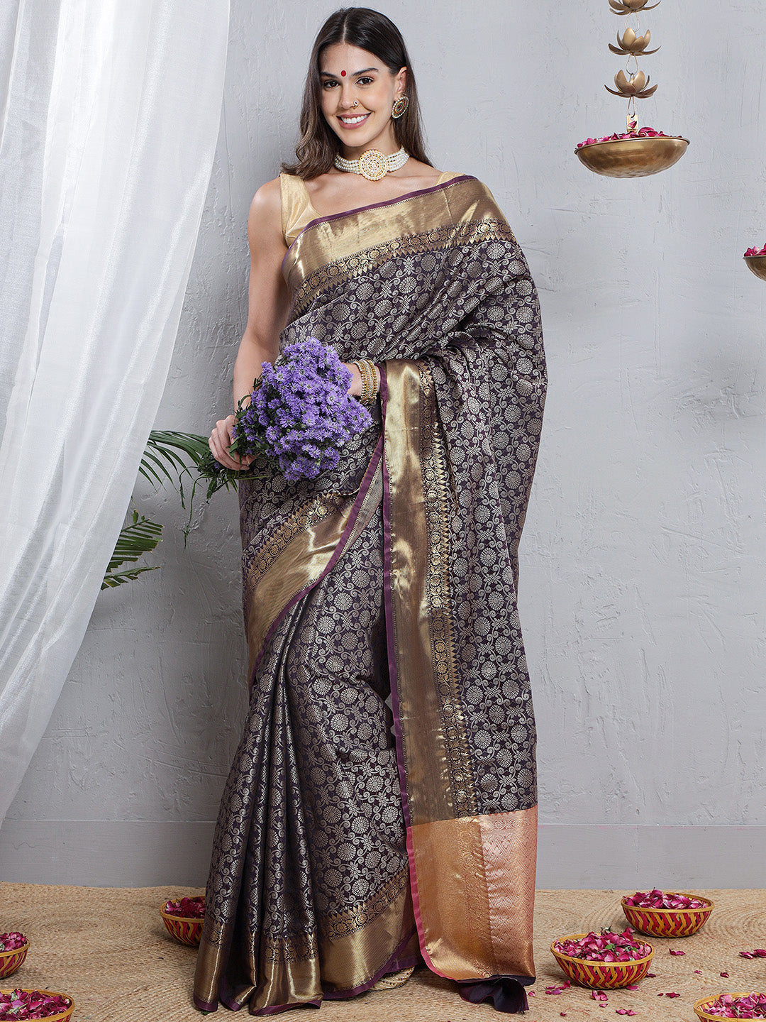 Banarasi Silk Heavy Jaal Weave Saree - Violet