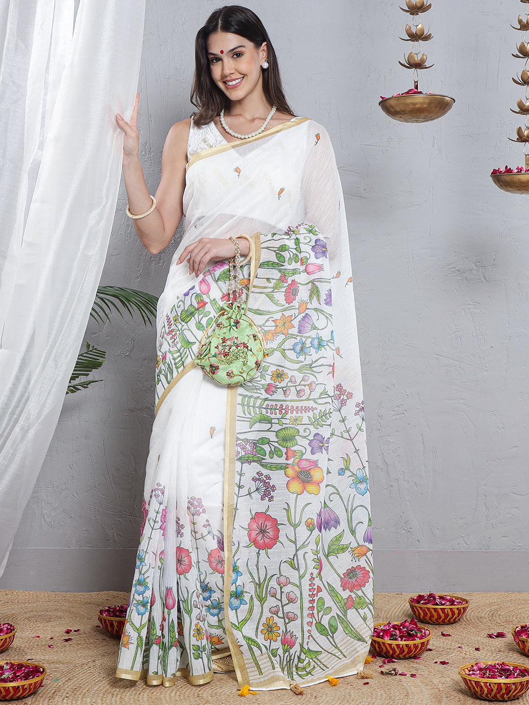 Floral Printed Soft Linen Saree - Multicolour