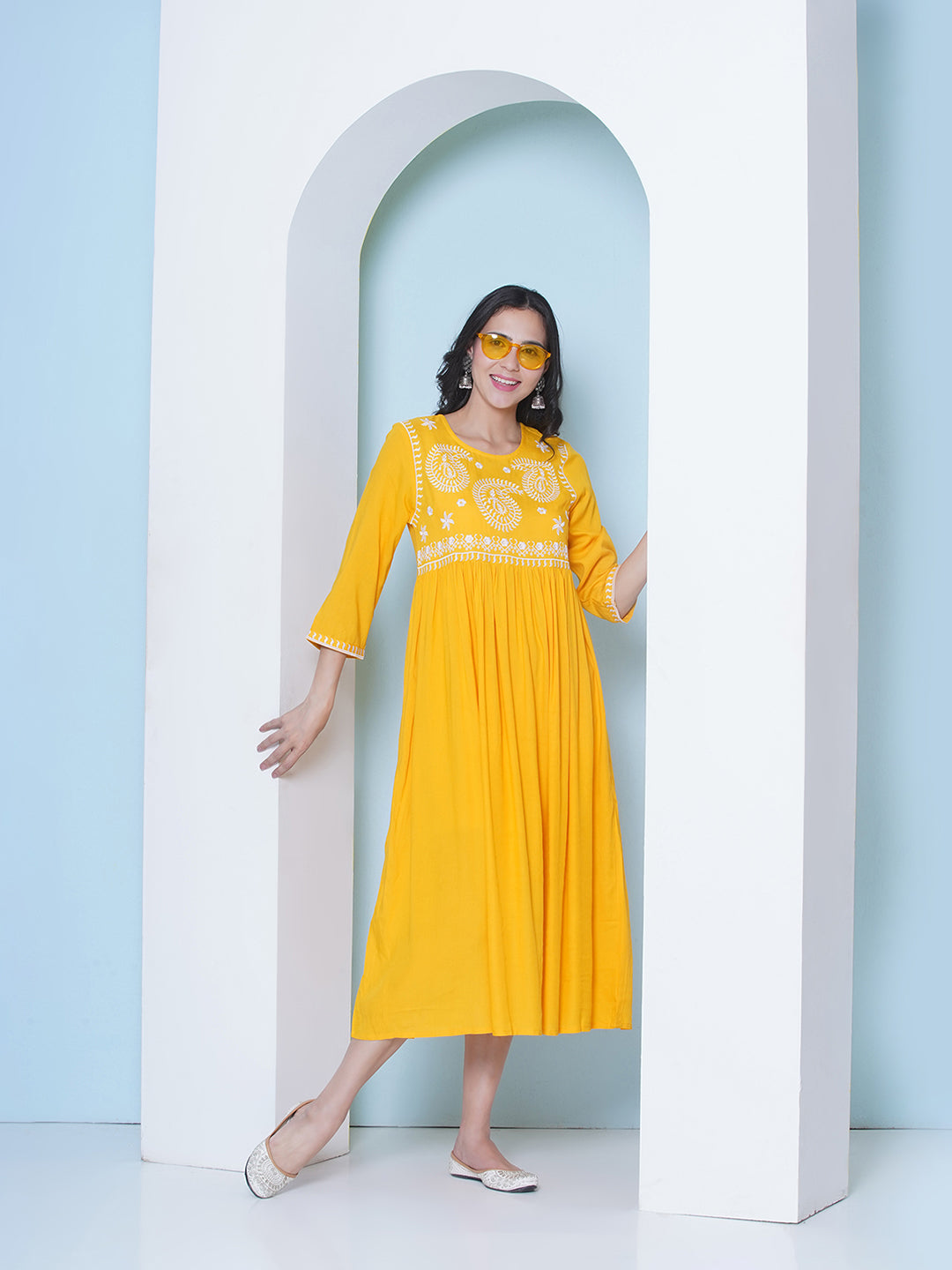 Embroidery Gown Dress - Yellow