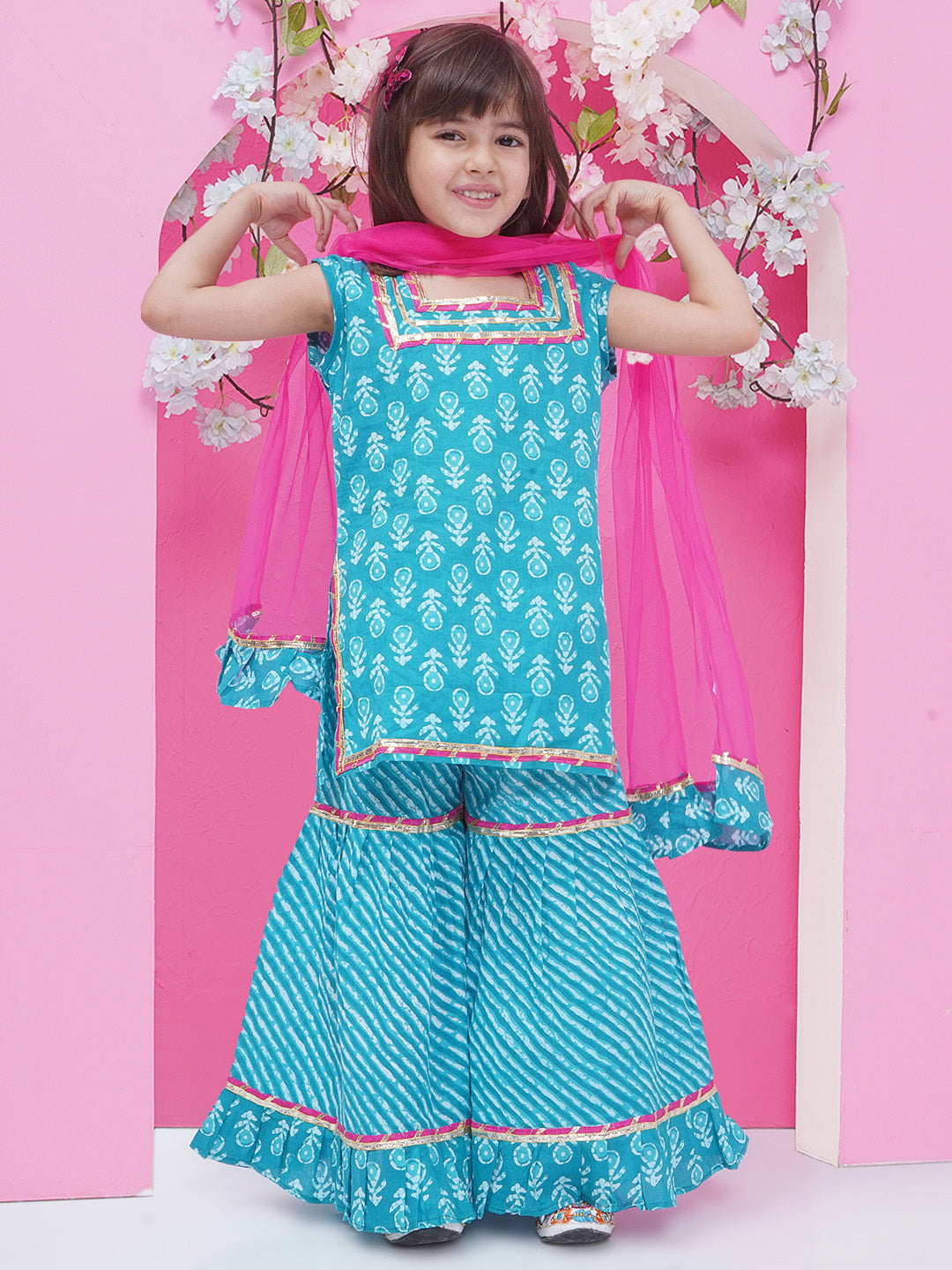 Girls Ethnic Printed Pure Cotton Kurti With Sharara & With Dupatta - Blue