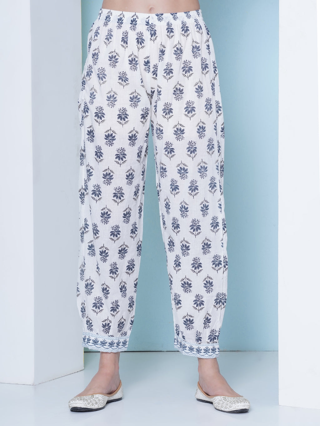 Printed Motif Kurti with Afghani Pant & Dupatta - Blue