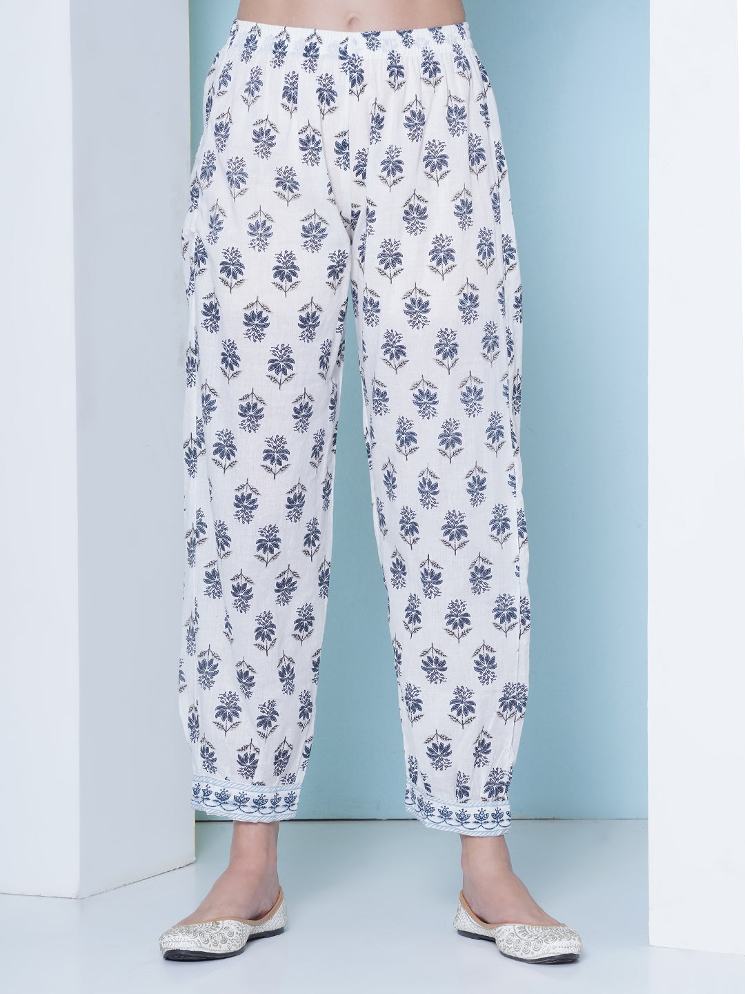 Printed Motif Kurti with Afghani Pant & Dupatta - Blue
