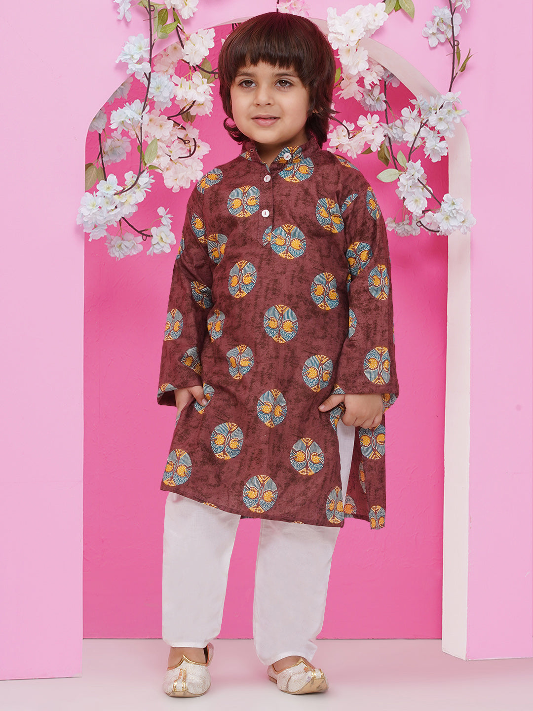 Boys Ajrakh Bundi Cotton Kurta Pajama with Jacket - Brown