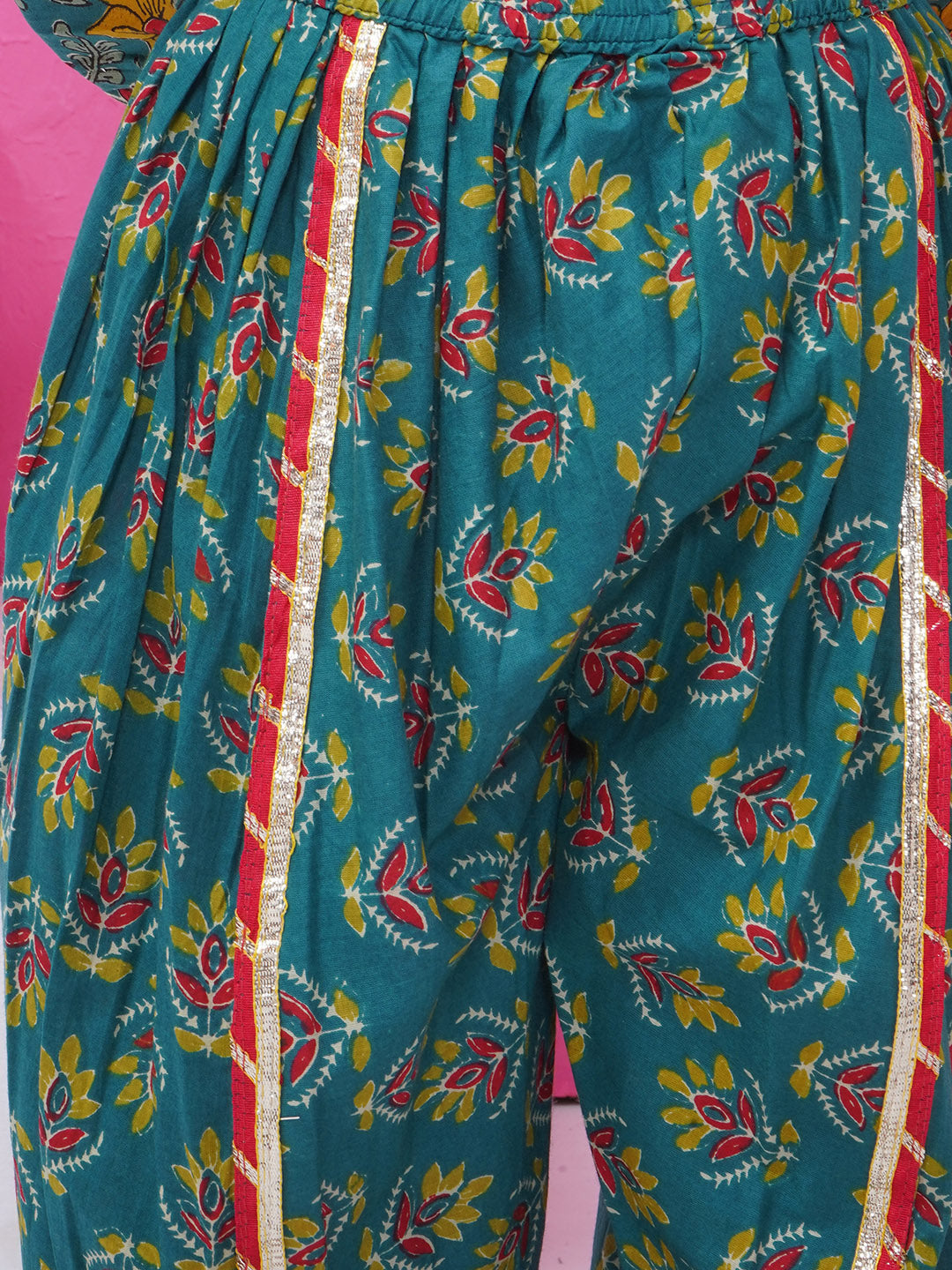 Girls Gota Patti Printed off shoulder Kurta with Dhoti Pant - Teal