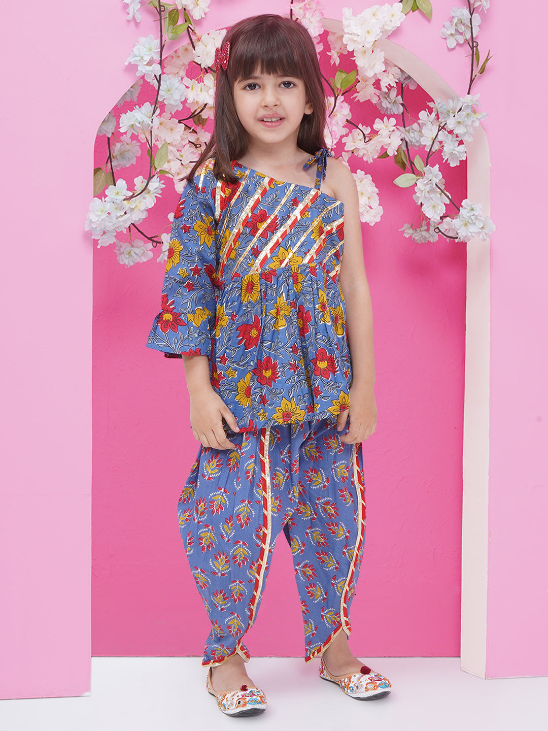 Girls Gotta Patti Printed off shoulder Kurti with Dhoti Pant - Purple