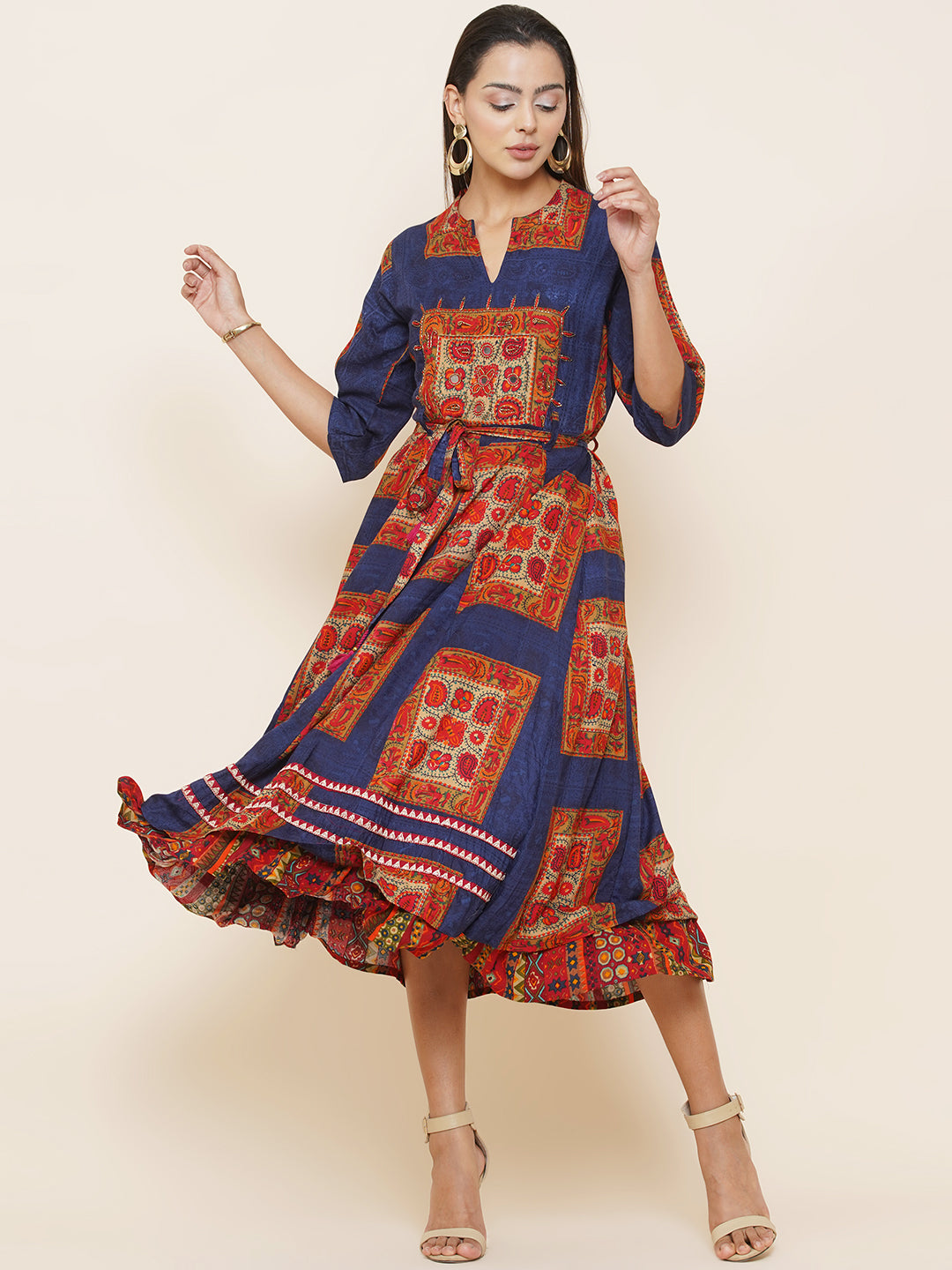 Motifs Printed Dress - Blue & Orange