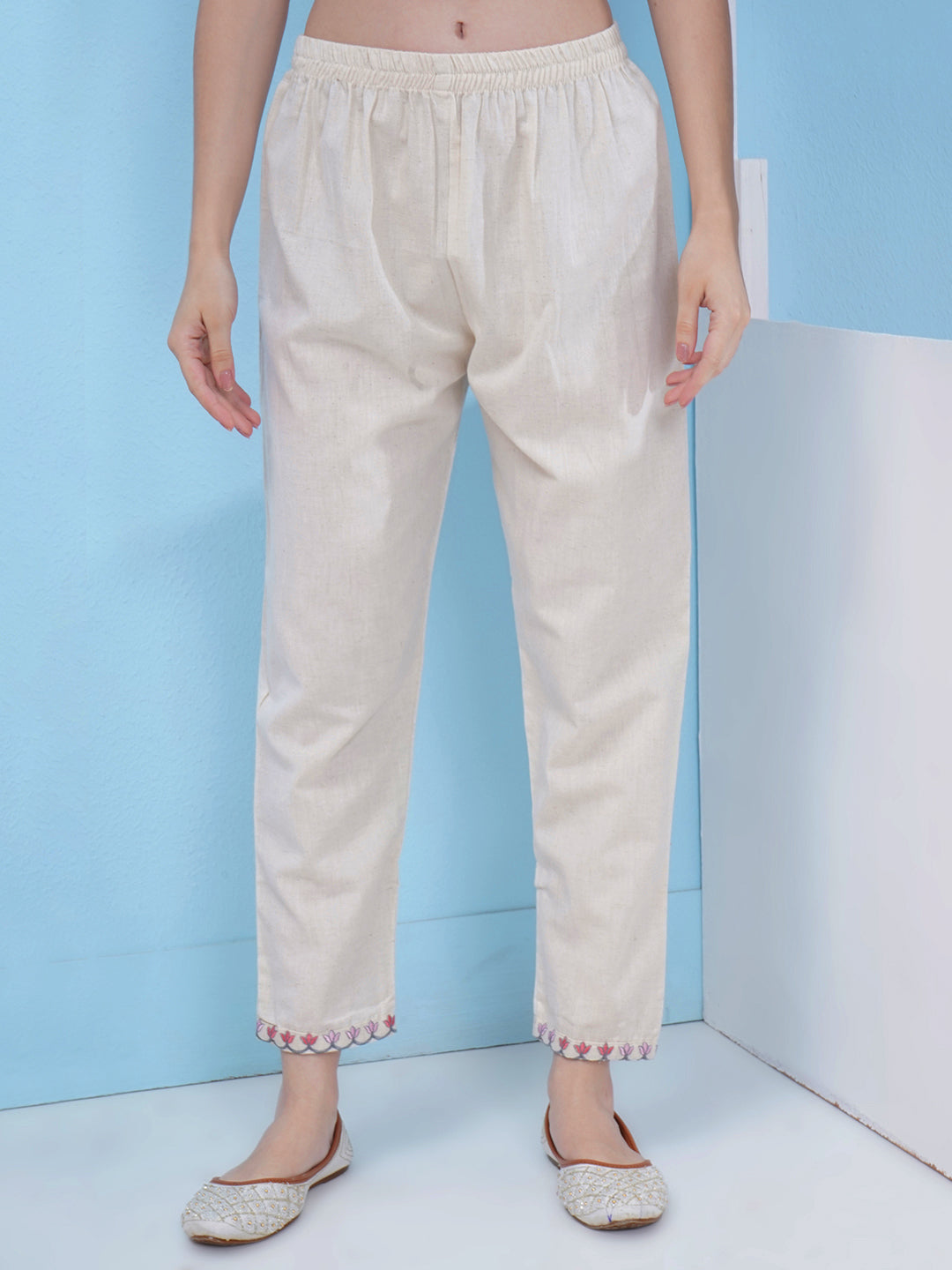 Embroidery Khadi Suit Set - Cream & Pink