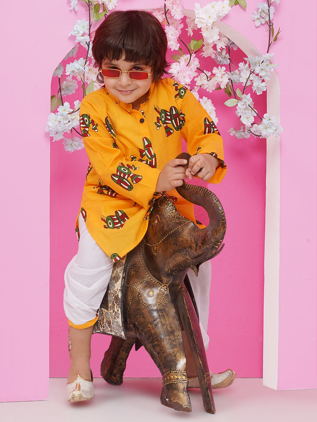 Boys Motifs Print Cotton Kurta with Dhoti - Yellow