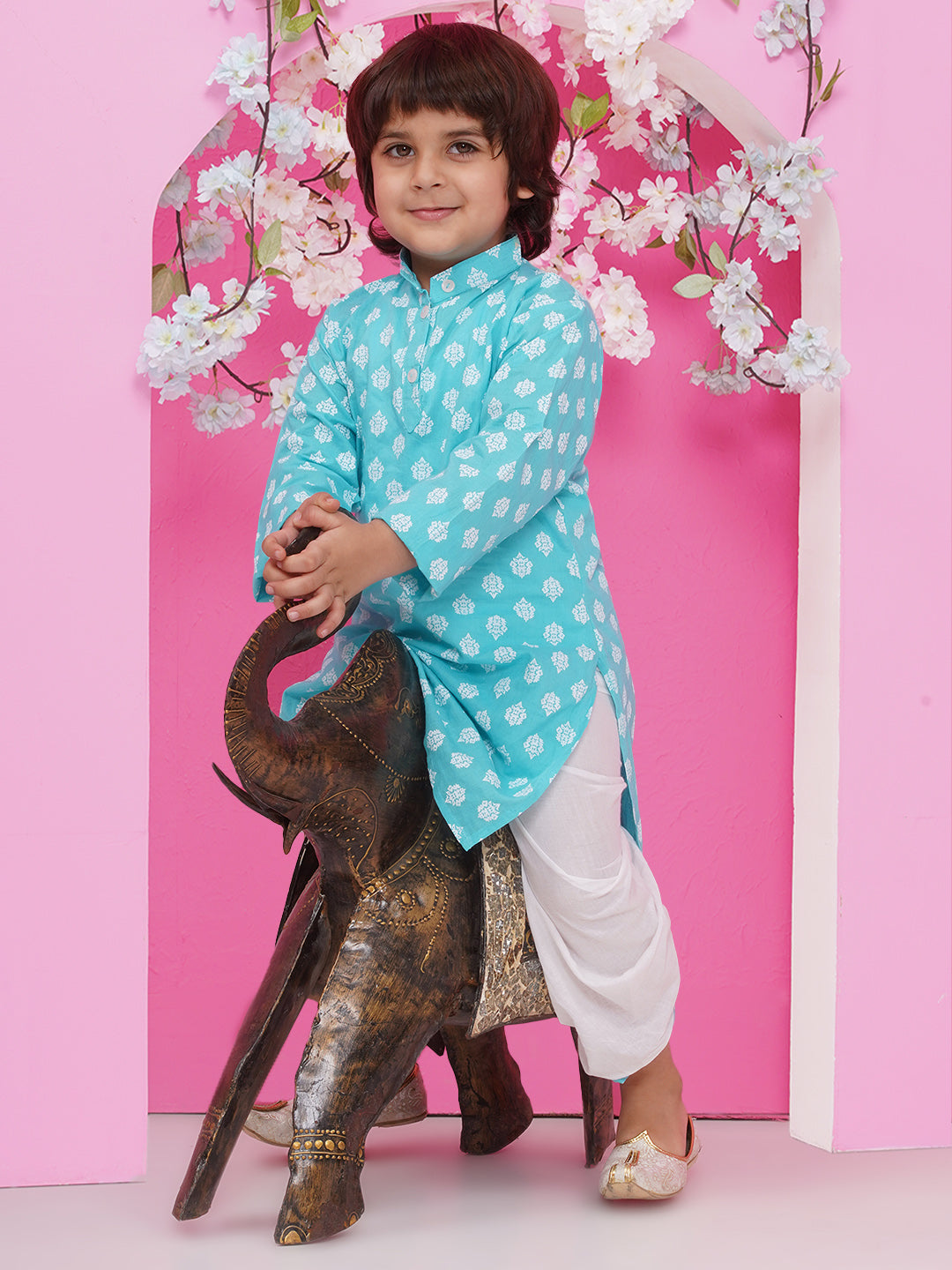 Boys Boti Printed Cotton Kurta with Dhoti - Light Blue