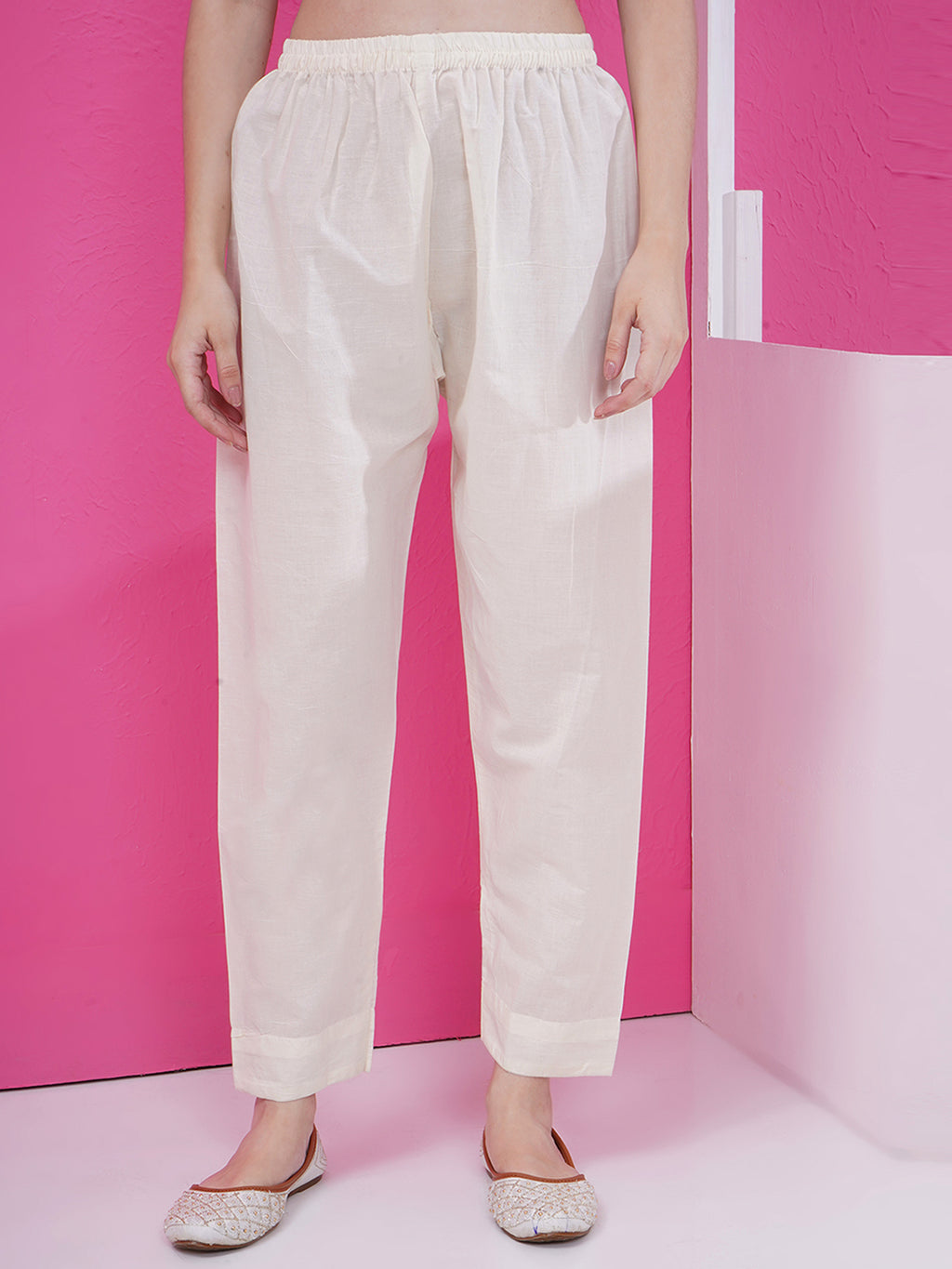 Asymmetrical Golden Stripes Kurti & Pant Set - Cream