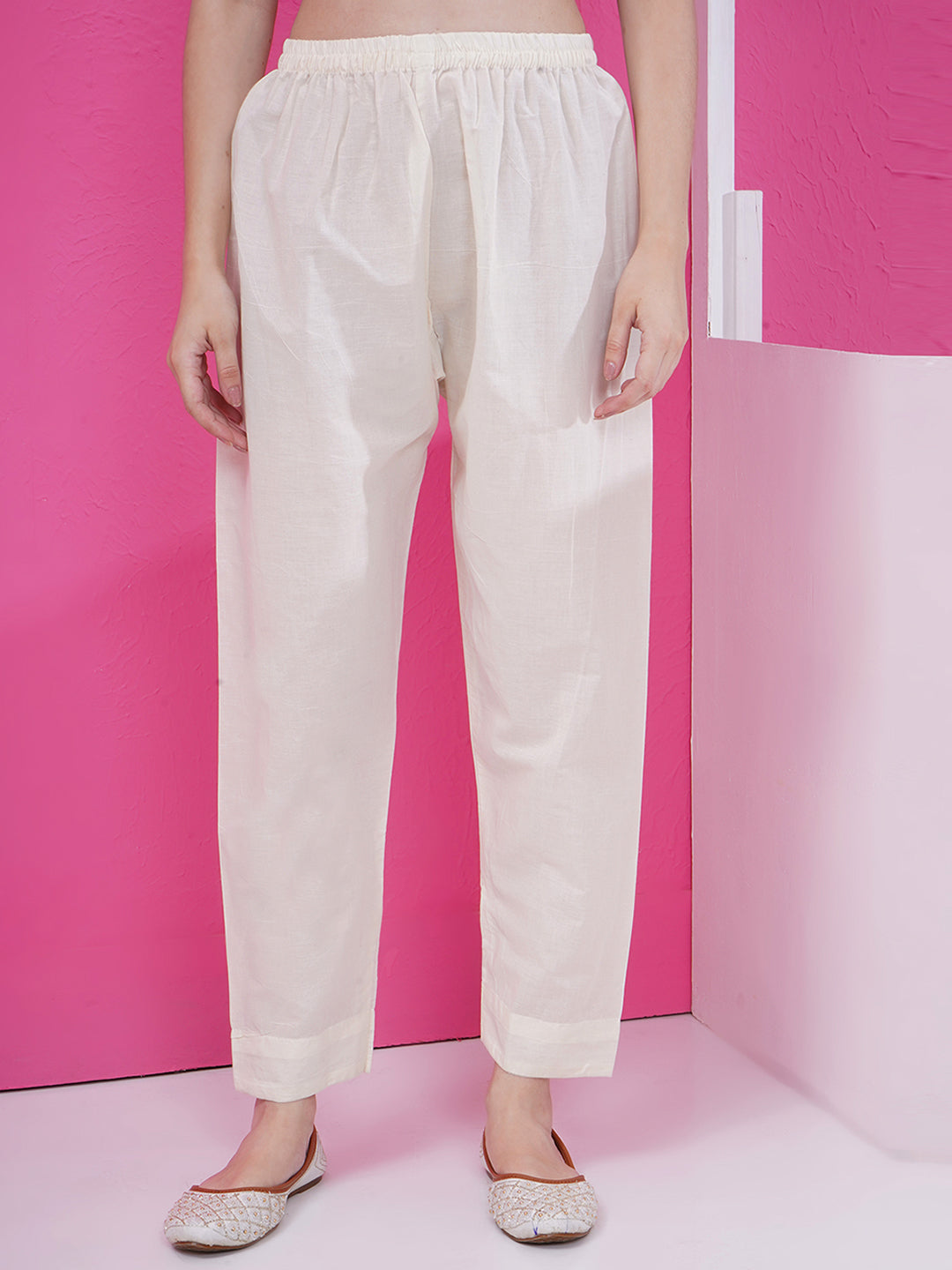 Asymmetrical Golden Stripes Kurti & Pant Set - Cream