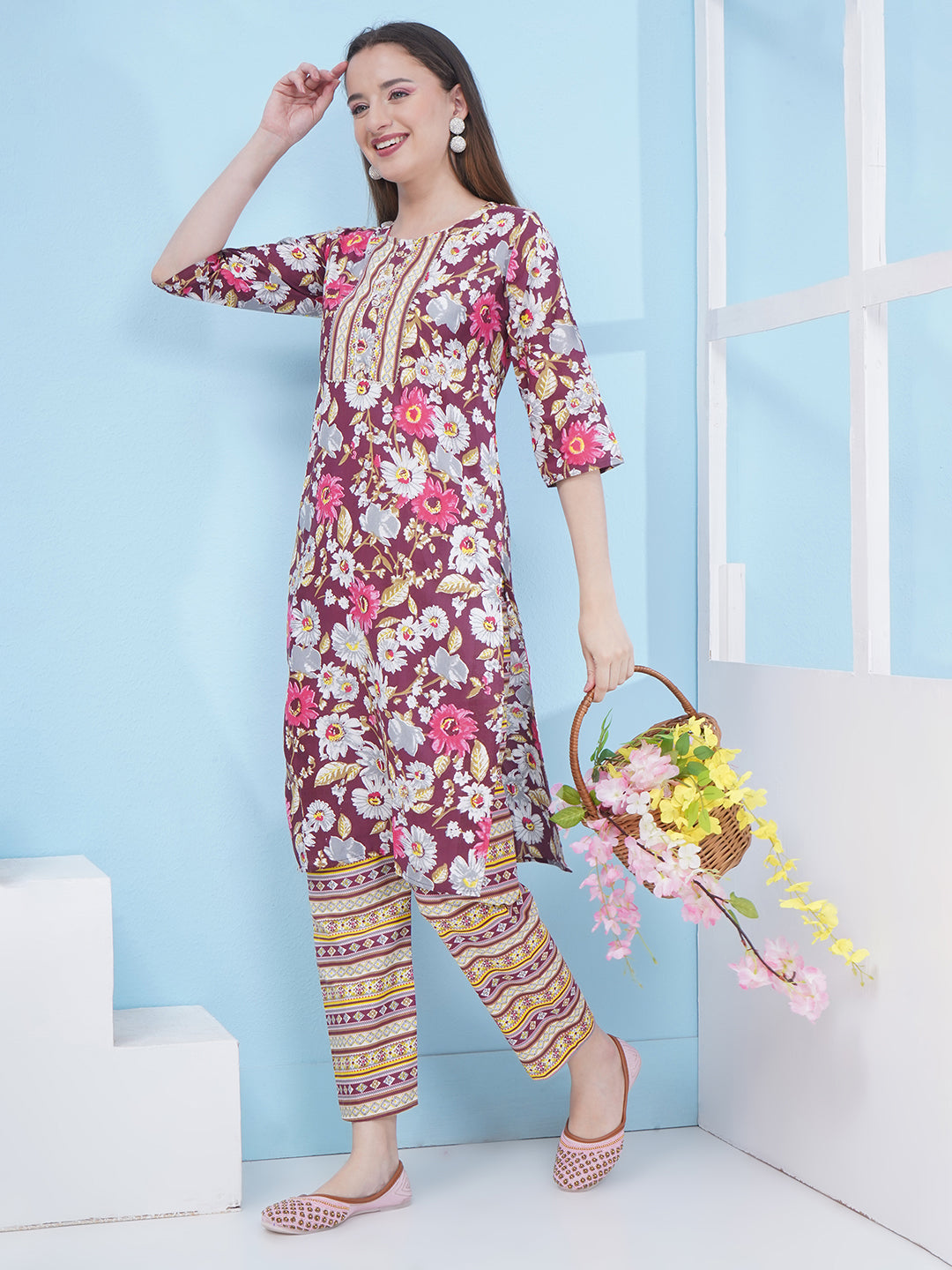Floral Kurti Set - Maroon