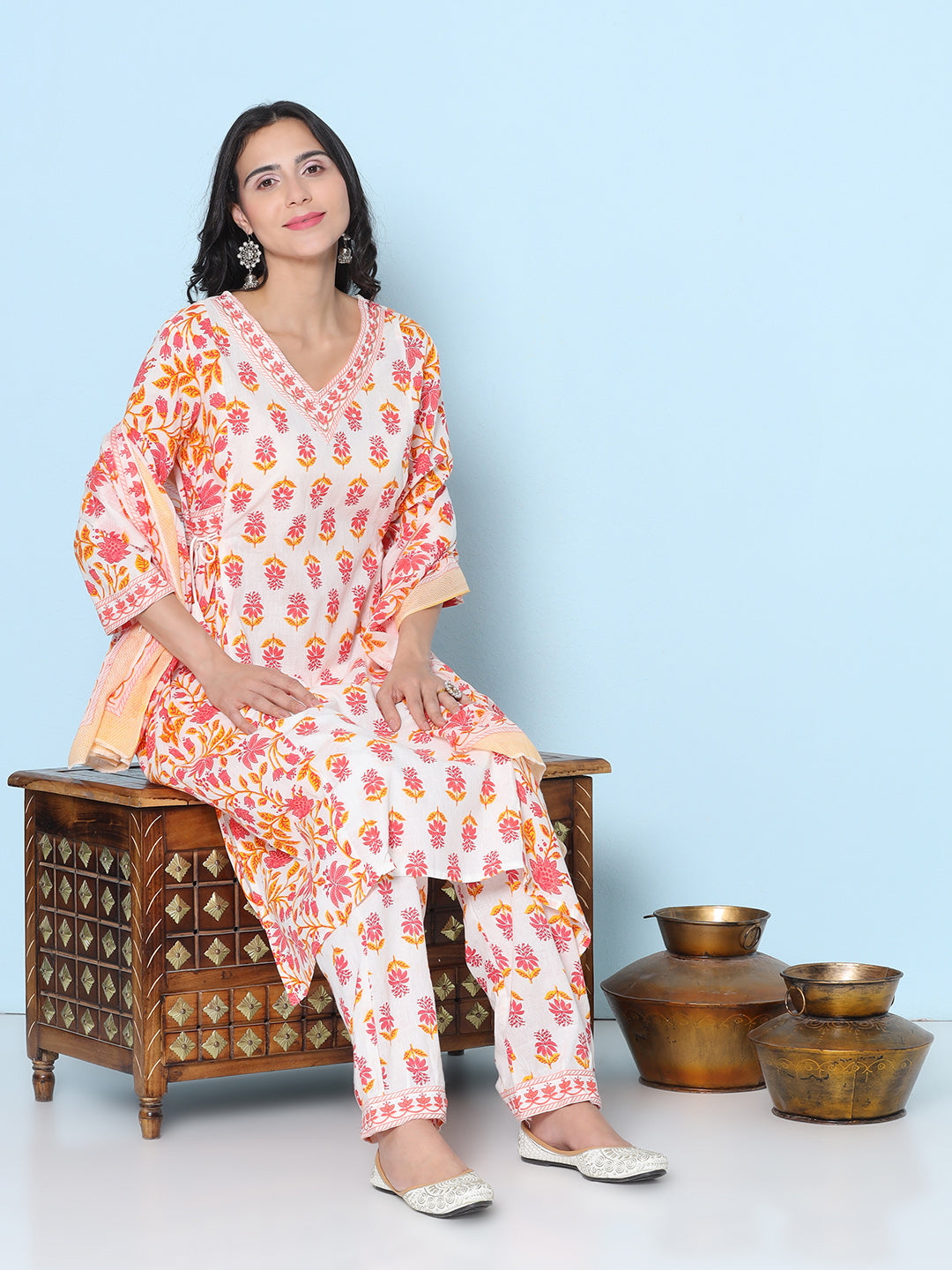 Printed Motif Kurti with Afghani Pant & Dupatta - Orange