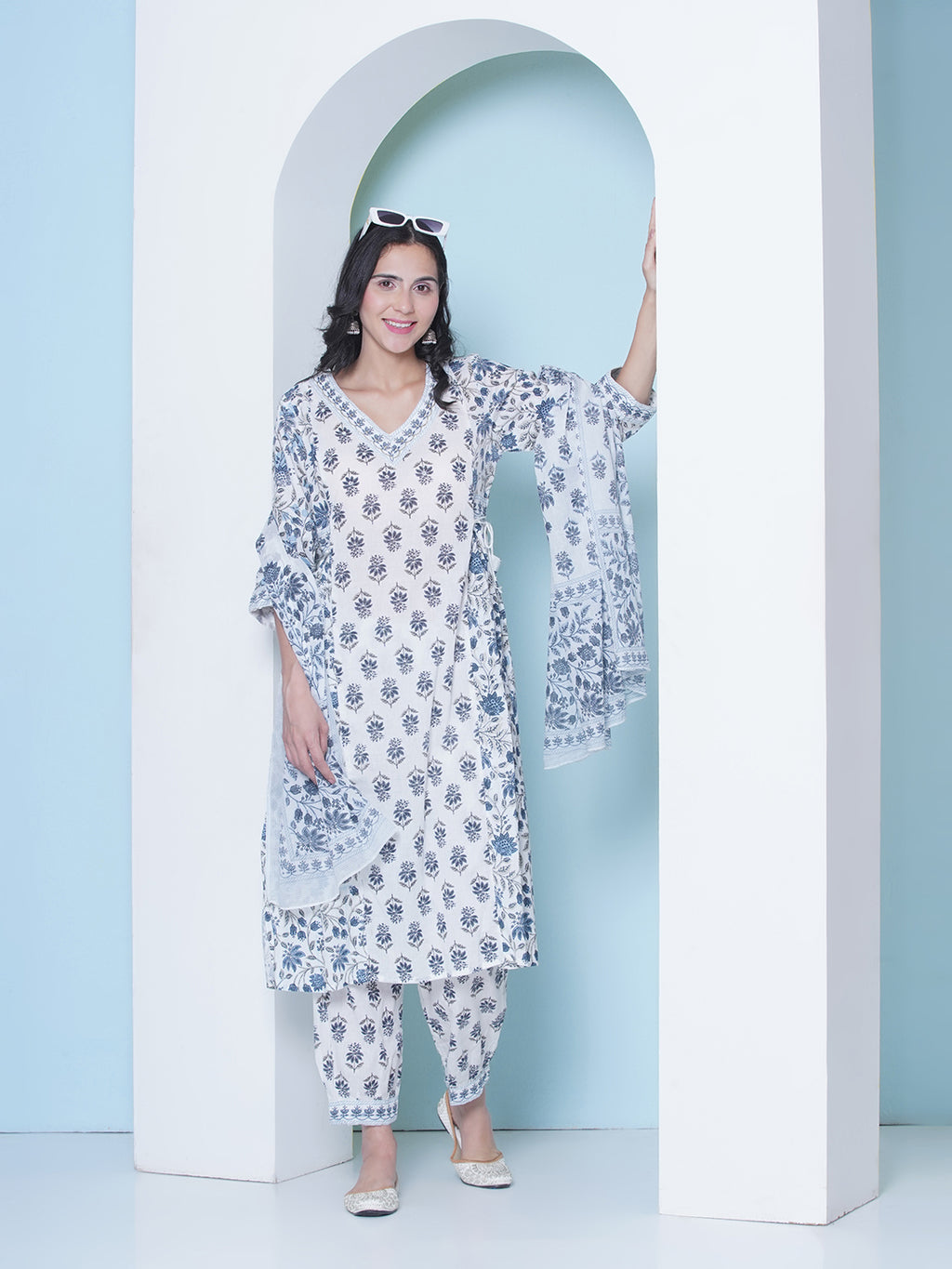 Printed Motif Kurti with Afghani Pant & Dupatta - Blue