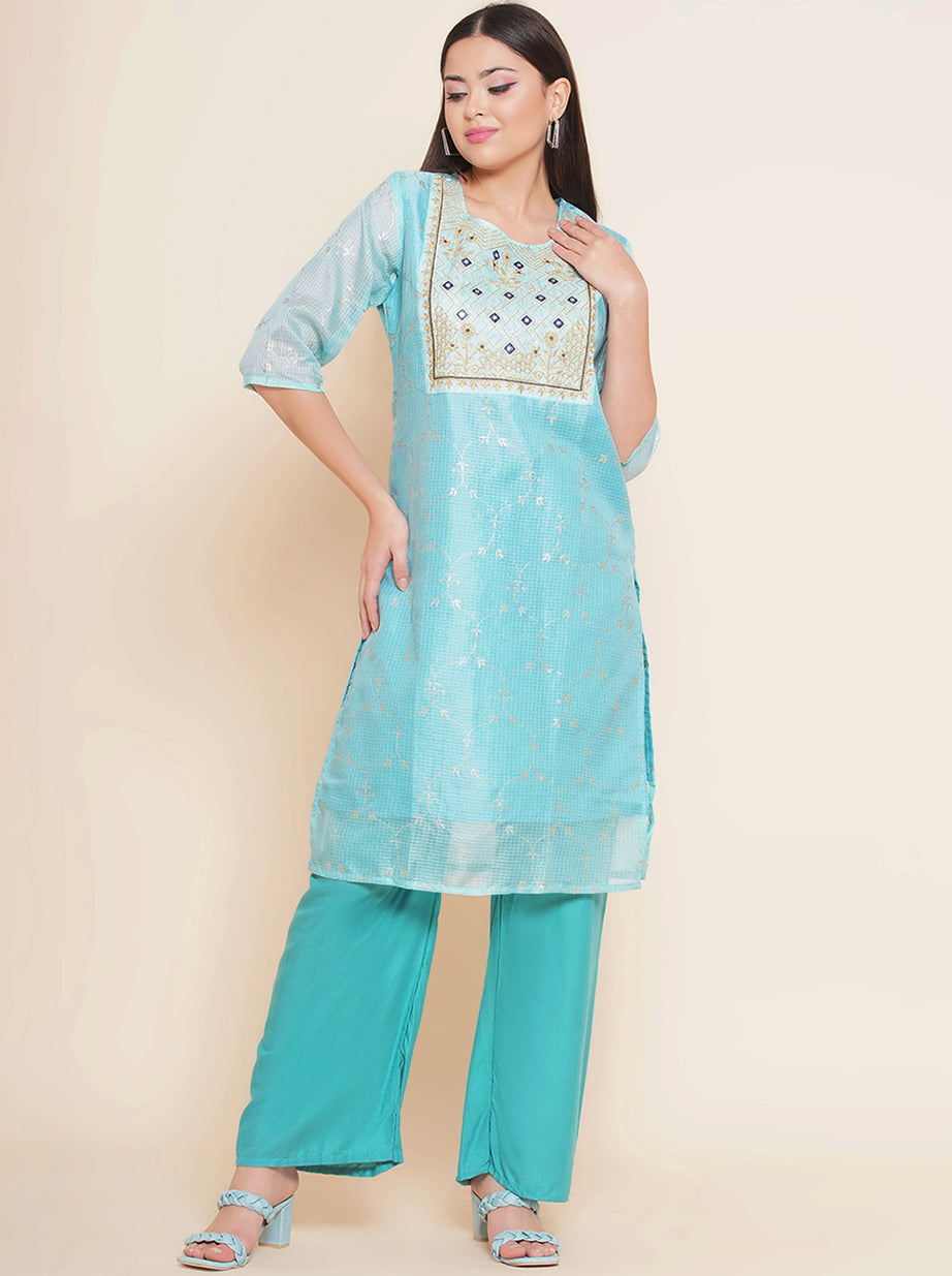 A-line Kota Doria Kurti - Sky Blue